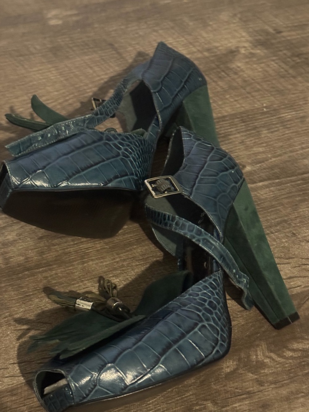 BCBGeneration Green Suede and Teal Croc-Embossed Tassel Platform Heels - Picture 4 of 5